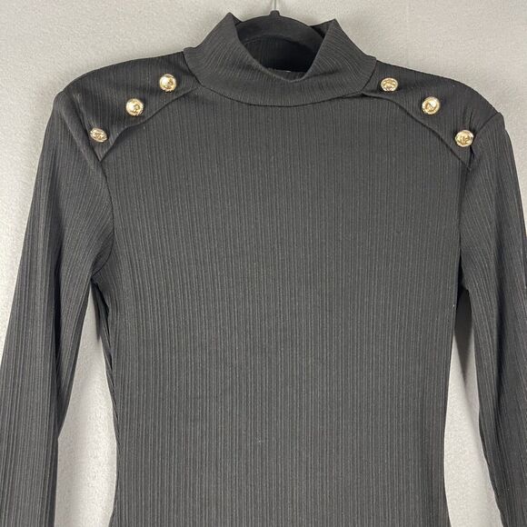 Vintage Walter Baker Ribbed Dress Womens Small Black Gold Button Mini Bodycon - Picture 2 of 15